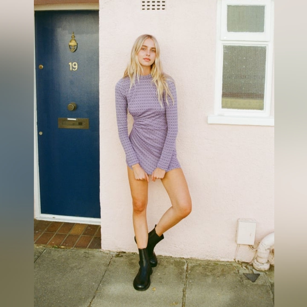 🌞ZARA Jaquard Long Sleeve Cut-out Open Back Mini Dress Purple Retro Geometric - Picture 5 of 14